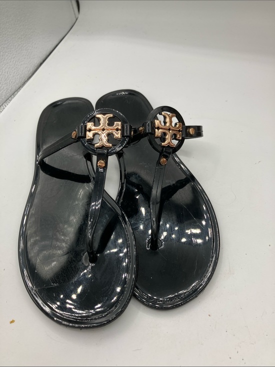 Tory Burch Shoes - Tory Burch Black Patent Jelly Thong Sandals with Gold Logo